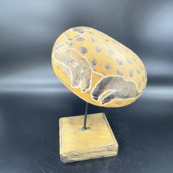 Peruvian Hand Carved Gourd On Wood Stand Leoncio Veli Peru Hand Made Sculpture - Picture 13 of 16